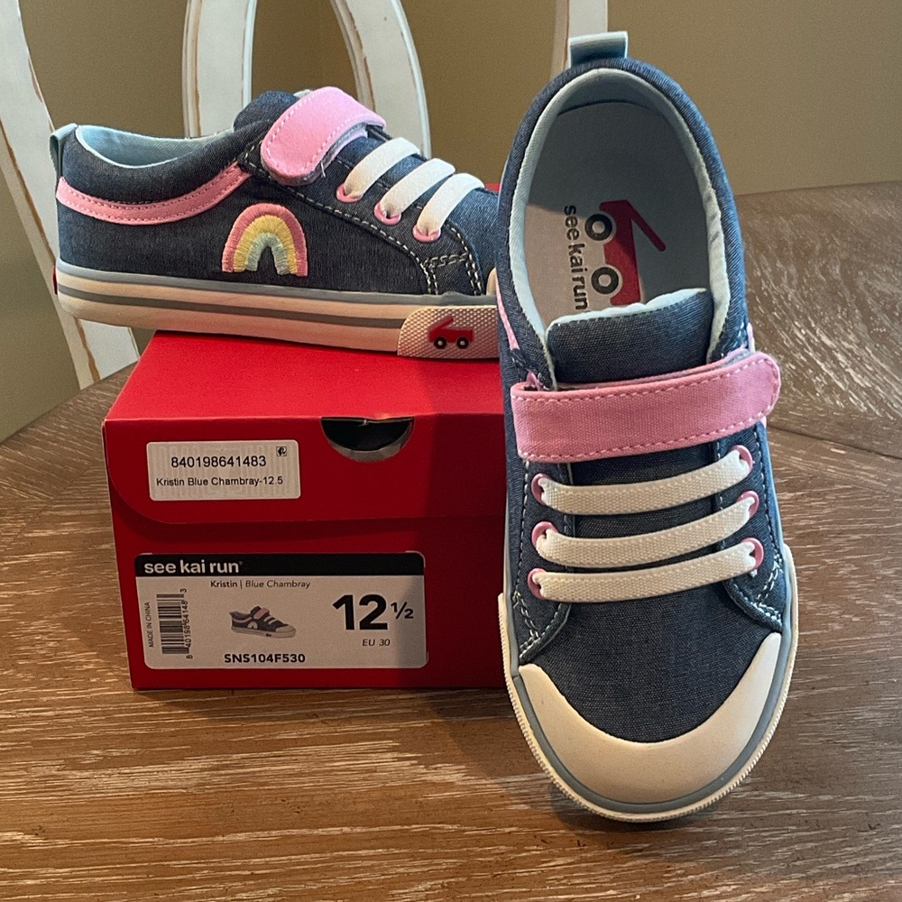 See Kai Run Toddler Girls Size 12.5 Denim Sneakers with Pink Highlights